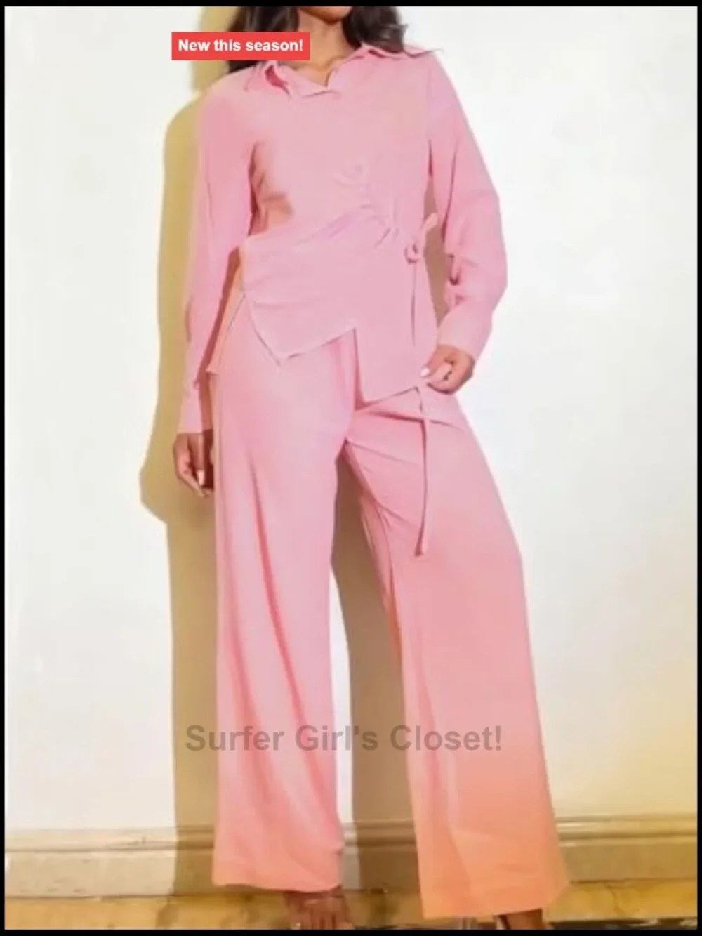 Button Down Drawstring Shirt and Wide Leg Pants Matching Set